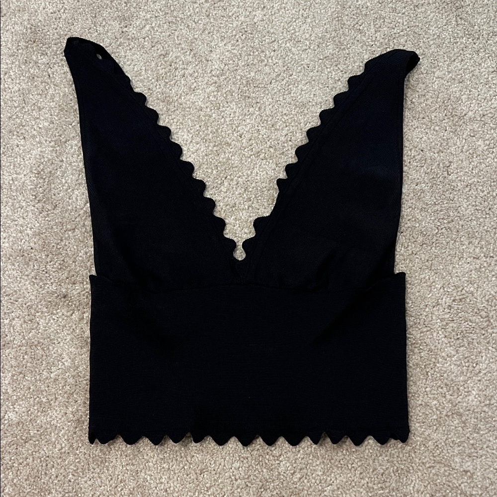Free people Black Scalloped Knit crop top cami v neck plunge intimately free